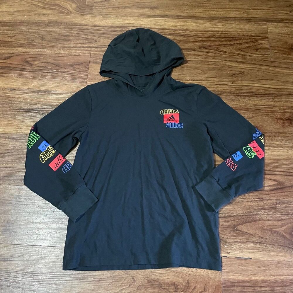 Adidas Long Sleeve Echo Hooded Tee Boys 10-12 M Black Multicolor Logo Cotton